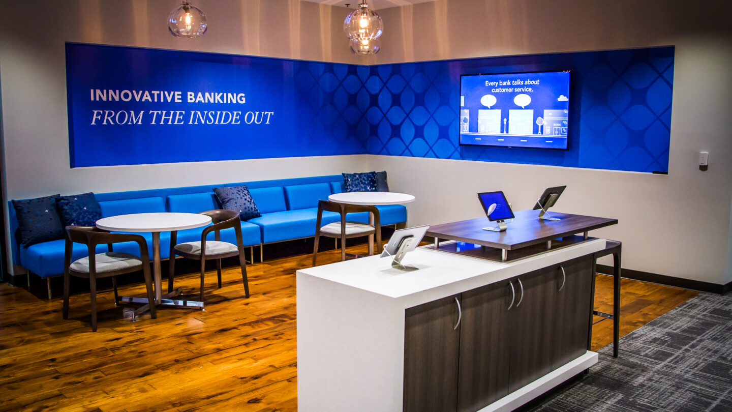 Inside Origin Bank's retail bank branch consultative space